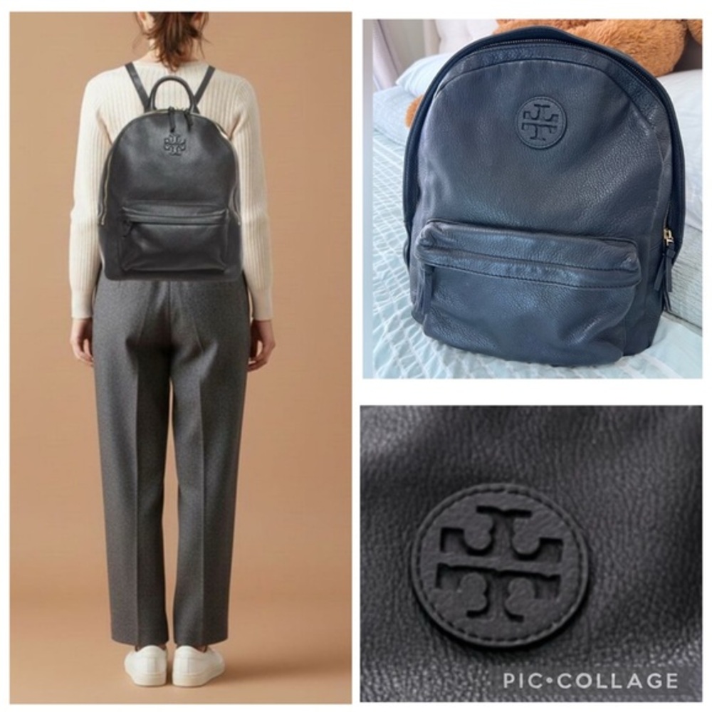 Tory Burch black Soft Pebbled Leather Medium Backpack Gold Hardware